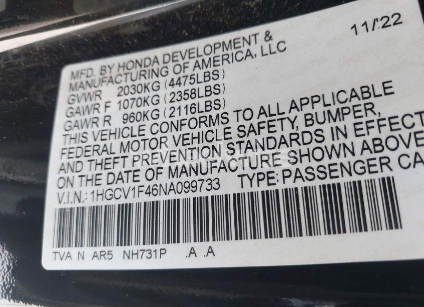 Photo 9 of 2022 Honda Accord SPORT SE (VIN 1HGCV1F46NA099733)