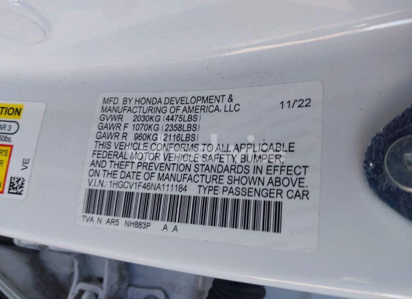 Photo 9 of 2022 Honda Accord SPORT SPECIAL EDITION (VIN 1HGCV1F46NA111184)