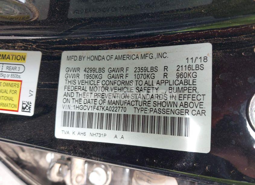 Photo 9 of 2019 Honda Accord EX (VIN 1HGCV1F47KA022770)