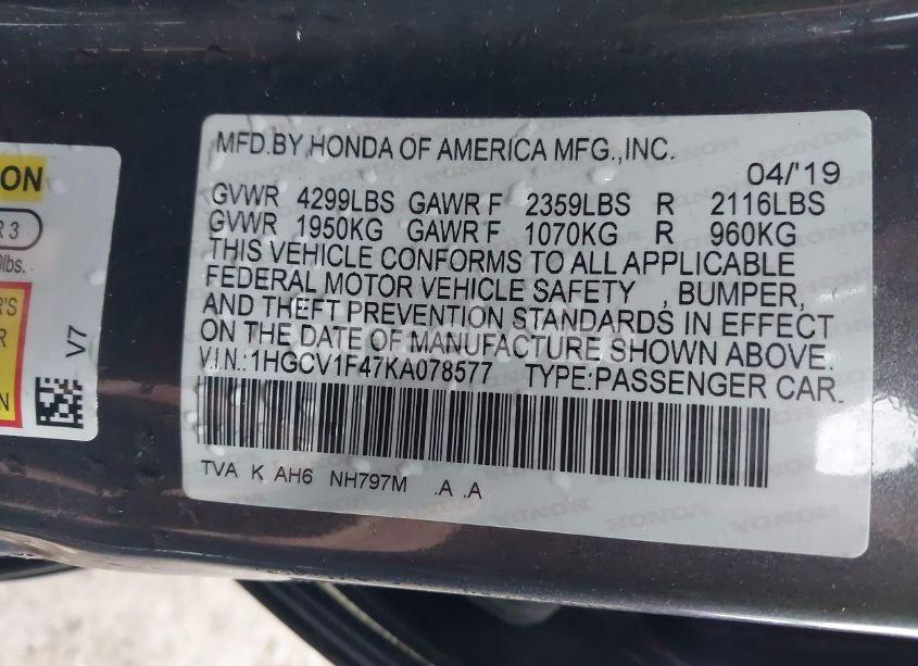 Photo 9 of 2019 Honda Accord EX (VIN 1HGCV1F47KA078577)