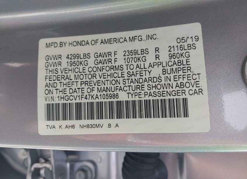 Photo 9 of 2019 Honda Accord EX (VIN 1HGCV1F47KA105986)