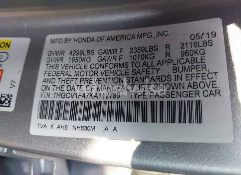 Photo 9 of 2019 Honda Accord EX (VIN 1HGCV1F47KA112789)