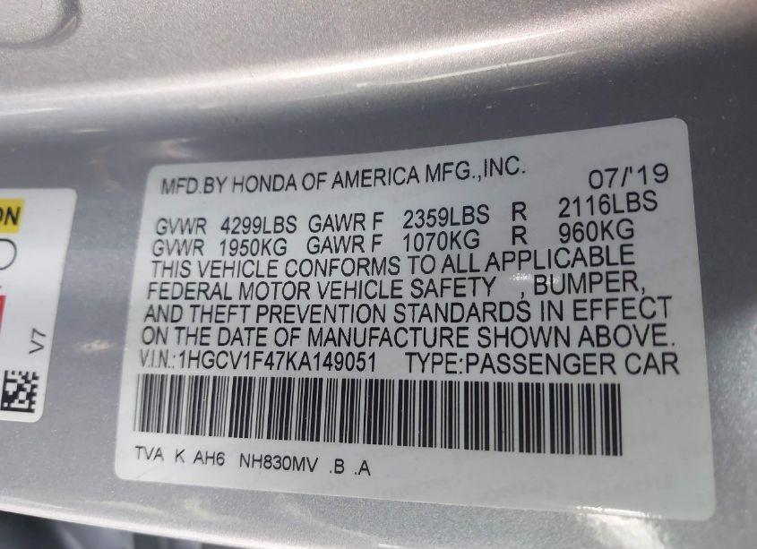 Photo 9 of 2019 Honda Accord EX (VIN 1HGCV1F47KA149051)