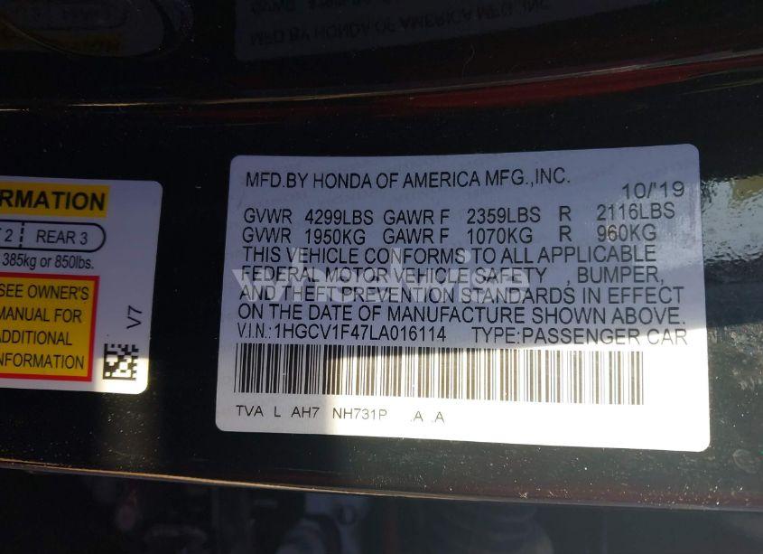 Photo 9 of 2020 Honda Accord EX (VIN 1HGCV1F47LA016114)