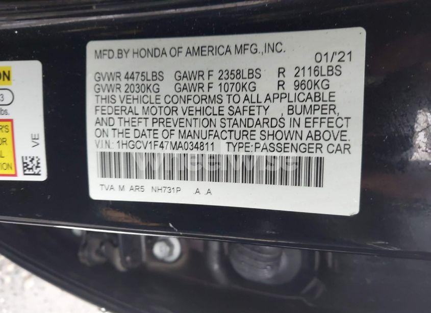 Photo 9 of 2021 Honda Accord SPORT SPECIAL EDITION (VIN 1HGCV1F47MA034811)