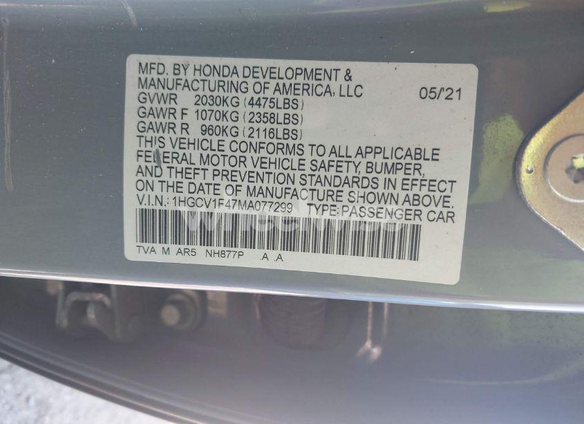 Photo 9 of 2021 Honda Accord SPORT SPECIAL EDITION (VIN 1HGCV1F47MA077299)