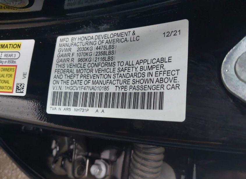 Photo 9 of 2022 Honda Accord SPORT SPECIAL EDITION (VIN 1HGCV1F47NA010185)