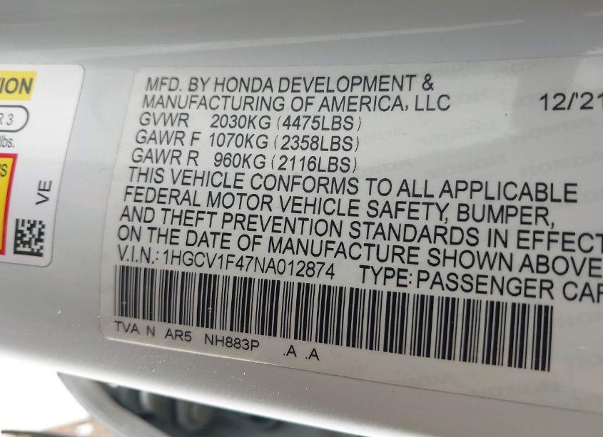 Photo 9 of 2022 Honda Accord SPORT SPECIAL EDITION (VIN 1HGCV1F47NA012874)