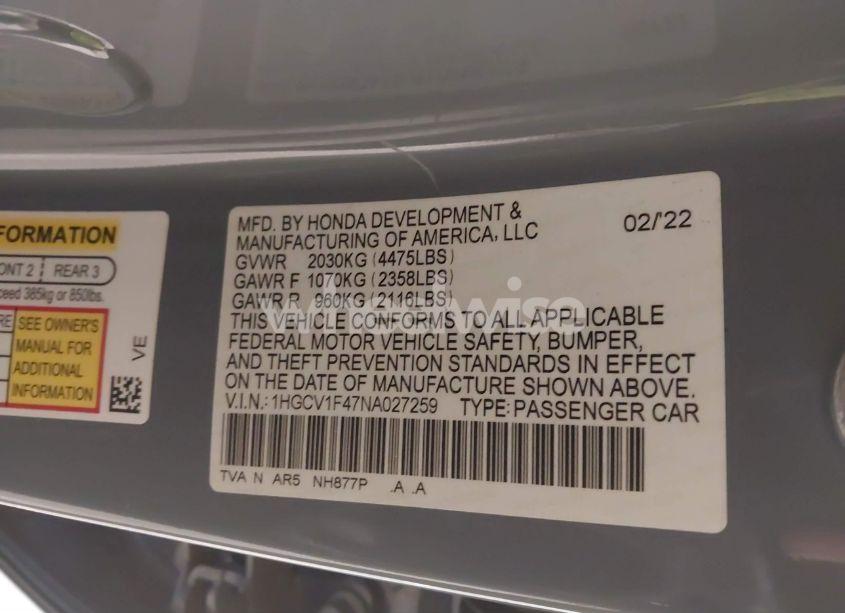 Photo 9 of 2022 Honda Accord SPORT SE (VIN 1HGCV1F47NA027259)