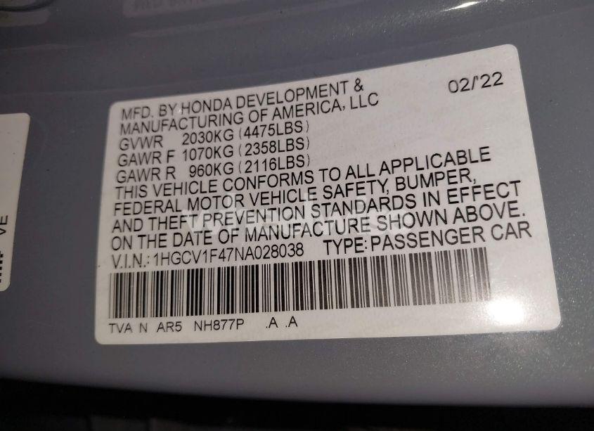 Photo 9 of 2022 Honda Accord SPORT SE (VIN 1HGCV1F47NA028038)