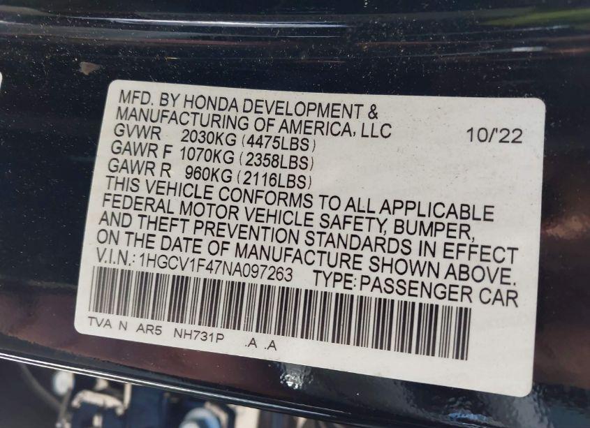 Photo 9 of 2022 Honda Accord SPORT SPECIAL EDITION (VIN 1HGCV1F47NA097263)