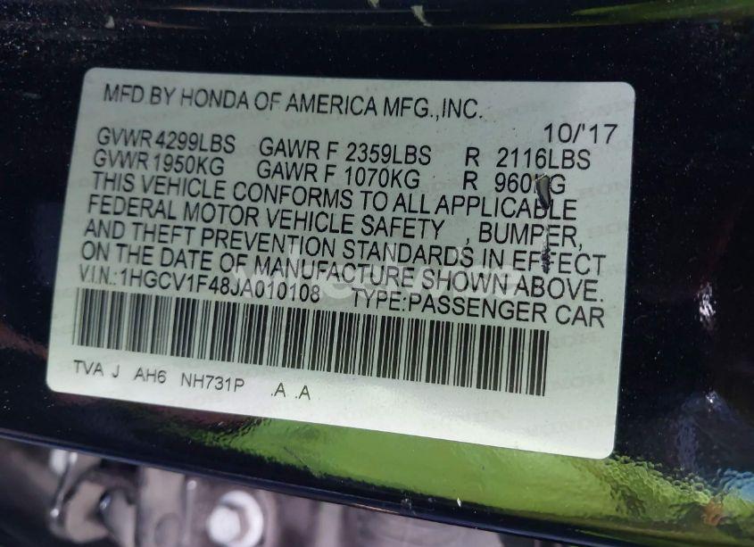 Photo 9 of 2018 Honda Accord EX (VIN 1HGCV1F48JA010108)