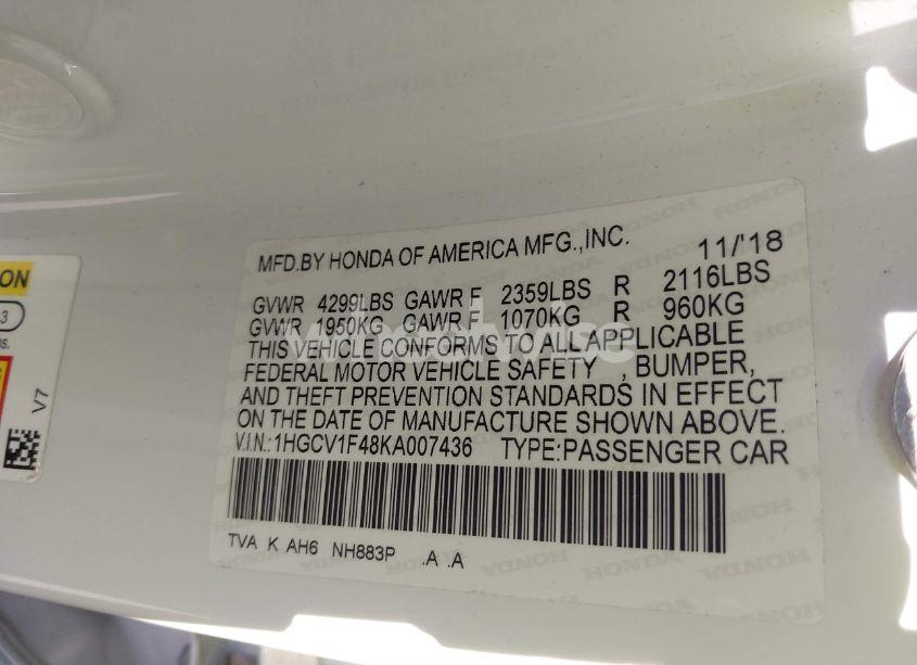 Photo 9 of 2019 Honda Accord EX (VIN 1HGCV1F48KA007436)