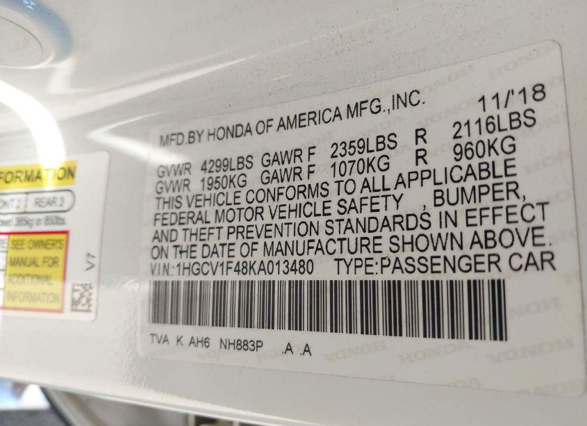 Photo 9 of 2019 Honda Accord EX (VIN 1HGCV1F48KA013480)