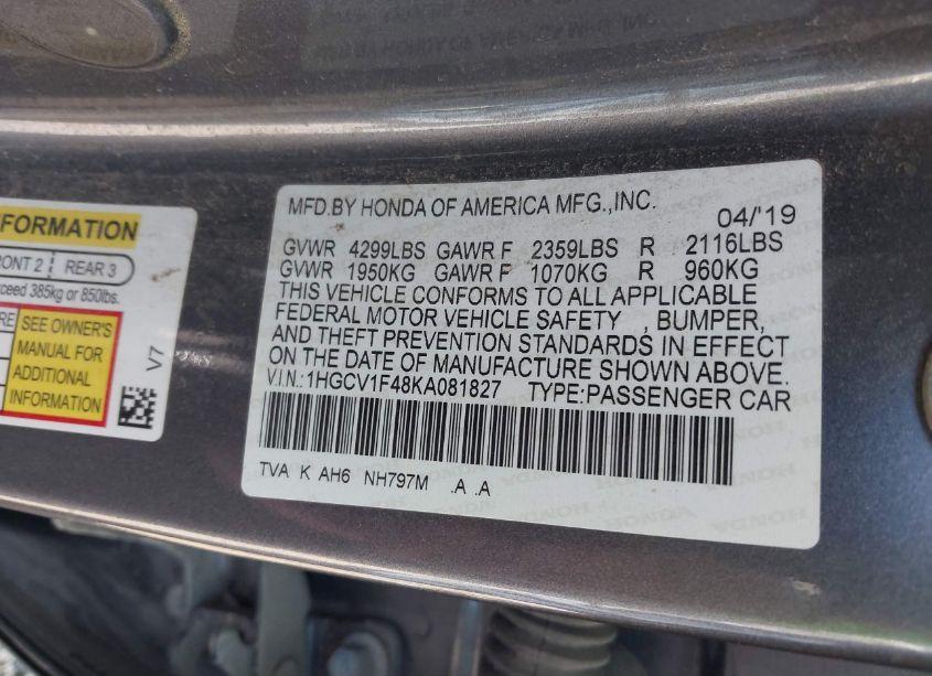 Photo 9 of 2019 Honda Accord EX (VIN 1HGCV1F48KA081827)