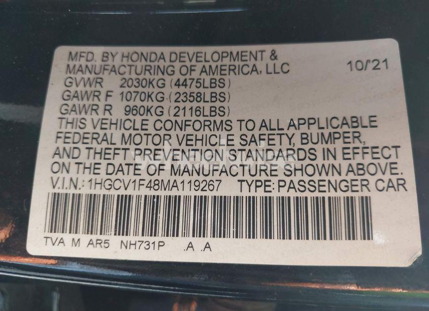 Photo 9 of 2021 Honda Accord SPORT SPECIAL EDITION (VIN 1HGCV1F48MA119267)