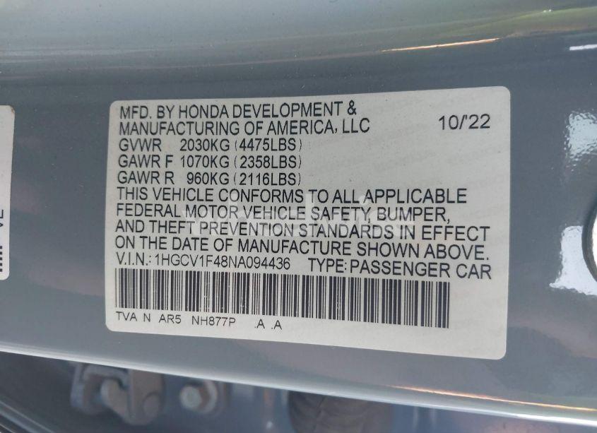 Photo 9 of 2022 Honda Accord SPORT SPECIAL EDITION (VIN 1HGCV1F48NA094436)