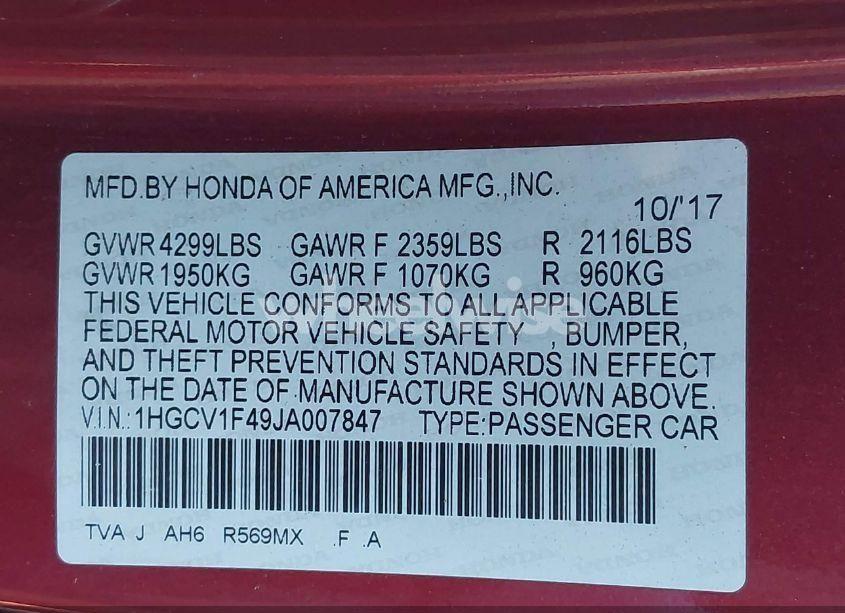 Photo 9 of 2018 Honda Accord EX (VIN 1HGCV1F49JA007847)