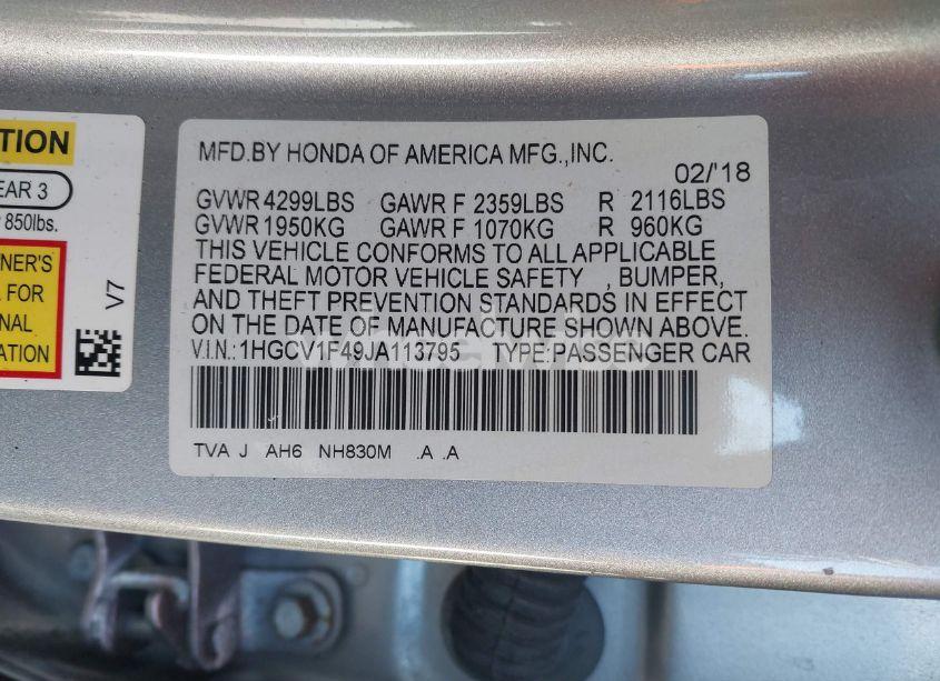 Photo 9 of 2018 Honda Accord EX (VIN 1HGCV1F49JA113795)