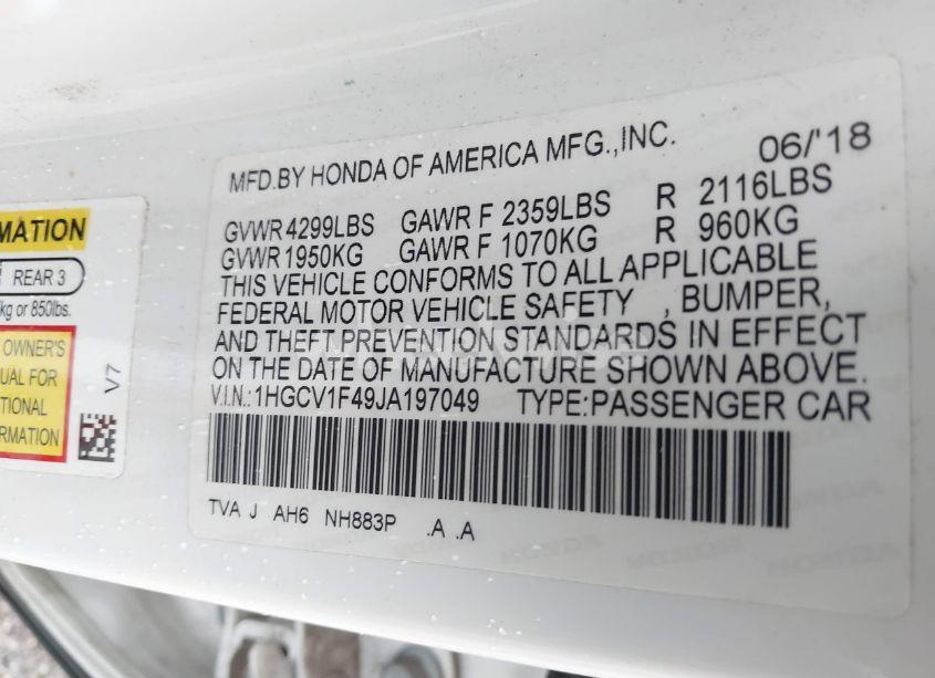 Photo 9 of 2018 Honda Accord EX (VIN 1HGCV1F49JA197049)