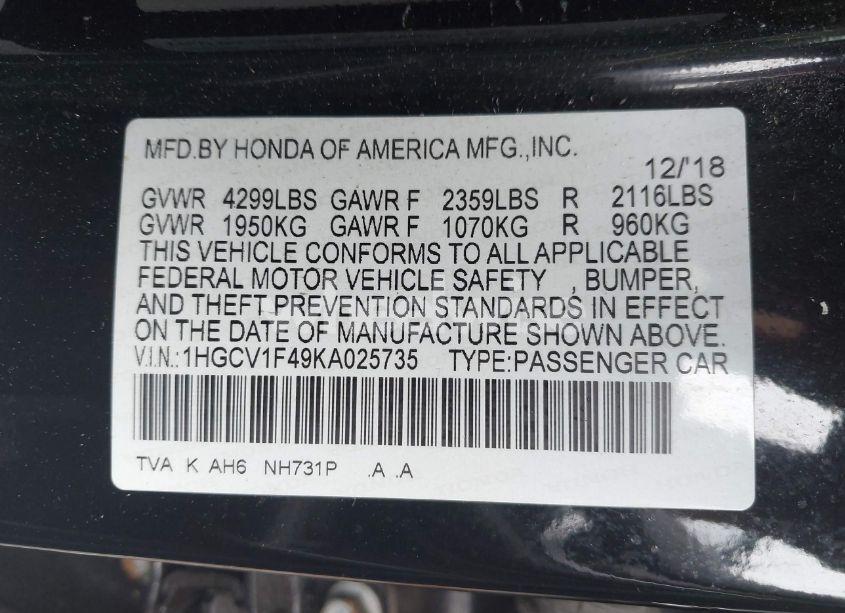 Photo 9 of 2019 Honda Accord EX (VIN 1HGCV1F49KA025735)