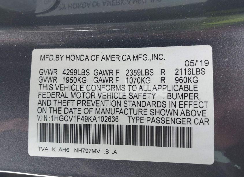 Photo 9 of 2019 Honda Accord EX (VIN 1HGCV1F49KA102636)