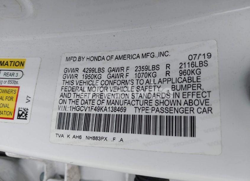 Photo 9 of 2019 Honda Accord EX (VIN 1HGCV1F49KA138469)