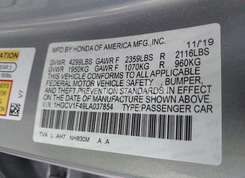 Photo 9 of 2020 Honda Accord EX (VIN 1HGCV1F49LA037854)