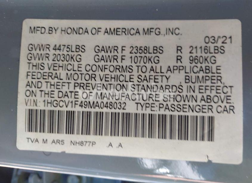Photo 9 of 2021 Honda Accord SPORT SPECIAL EDITION (VIN 1HGCV1F49MA048032)
