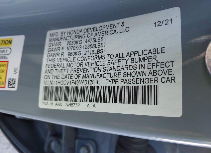 Photo 9 of 2022 Honda Accord SPORT SPECIAL EDITION (VIN 1HGCV1F49NA012018)