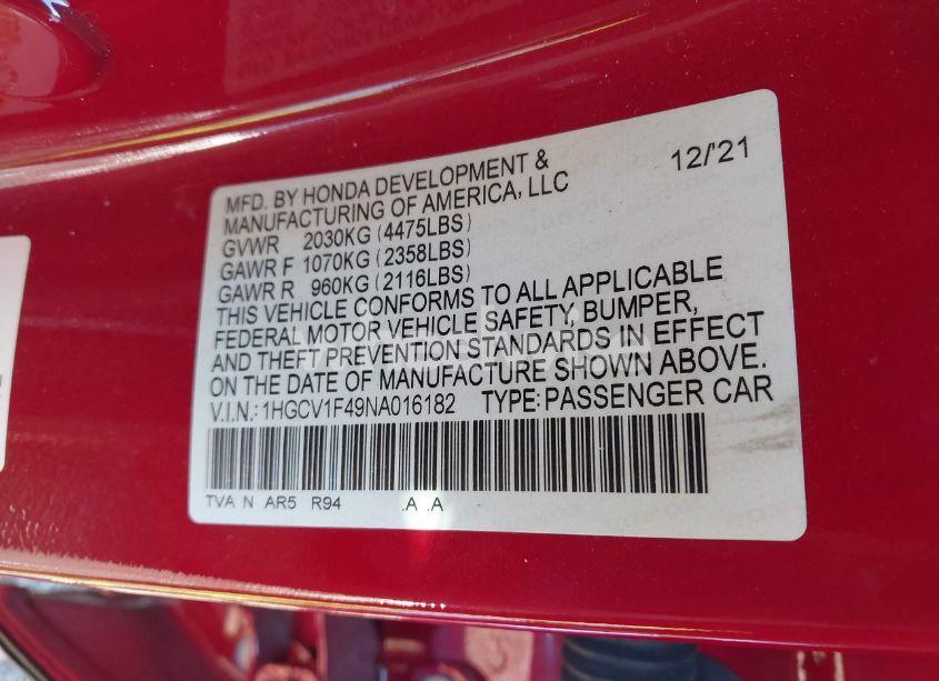 Photo 9 of 2022 Honda Accord SPORT SPECIAL EDITION (VIN 1HGCV1F49NA016182)