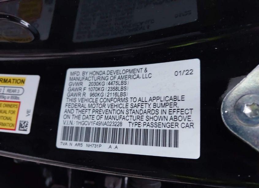 Photo 9 of 2022 Honda Accord SPORT SPECIAL EDITION (VIN 1HGCV1F49NA023228)