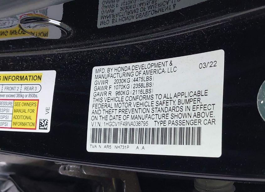 Photo 9 of 2022 Honda Accord SPORT SE (VIN 1HGCV1F49NA038795)
