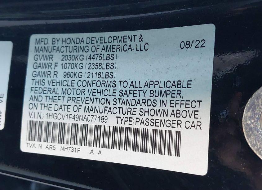 Photo 9 of 2022 Honda Accord SPORT SPECIAL EDITION (VIN 1HGCV1F49NA077189)