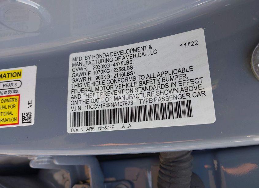 Photo 9 of 2022 Honda Accord SPORT SPECIAL EDITION (VIN 1HGCV1F49NA107923)