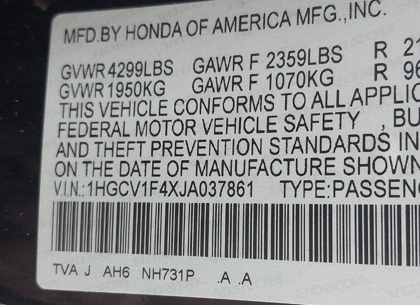 Photo 9 of 2018 Honda Accord EX (VIN 1HGCV1F4XJA037861)