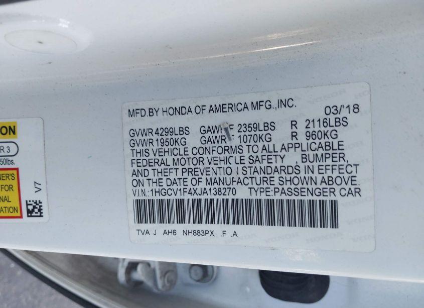 Photo 9 of 2018 Honda Accord EX (VIN 1HGCV1F4XJA138270)