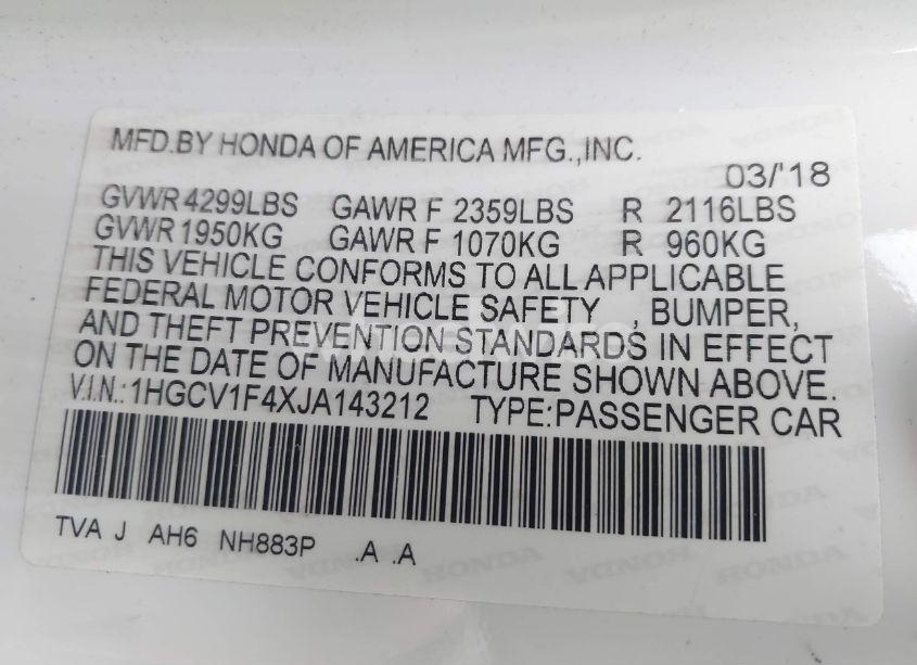 Photo 9 of 2018 Honda Accord EX (VIN 1HGCV1F4XJA143212)