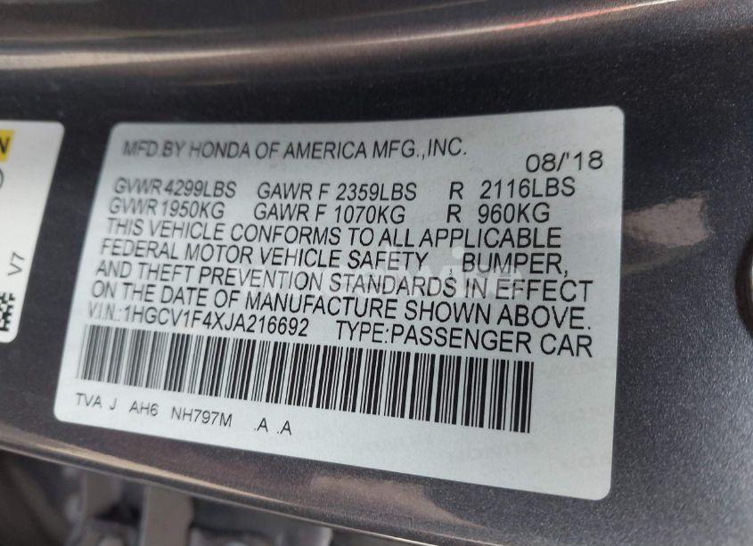 Photo 9 of 2018 Honda Accord EX (VIN 1HGCV1F4XJA216692)