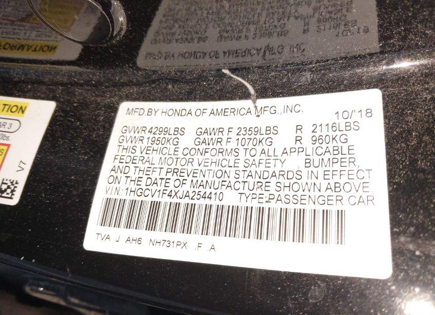 Photo 9 of 2018 Honda Accord EX (VIN 1HGCV1F4XJA254410)