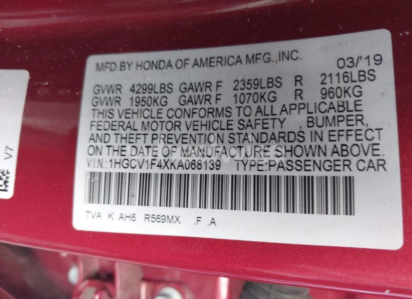 Photo 9 of 2019 Honda Accord EX (VIN 1HGCV1F4XKA068139)