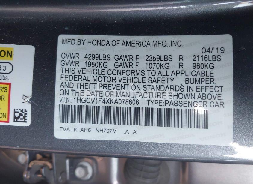 Photo 9 of 2019 Honda Accord EX (VIN 1HGCV1F4XKA078606)