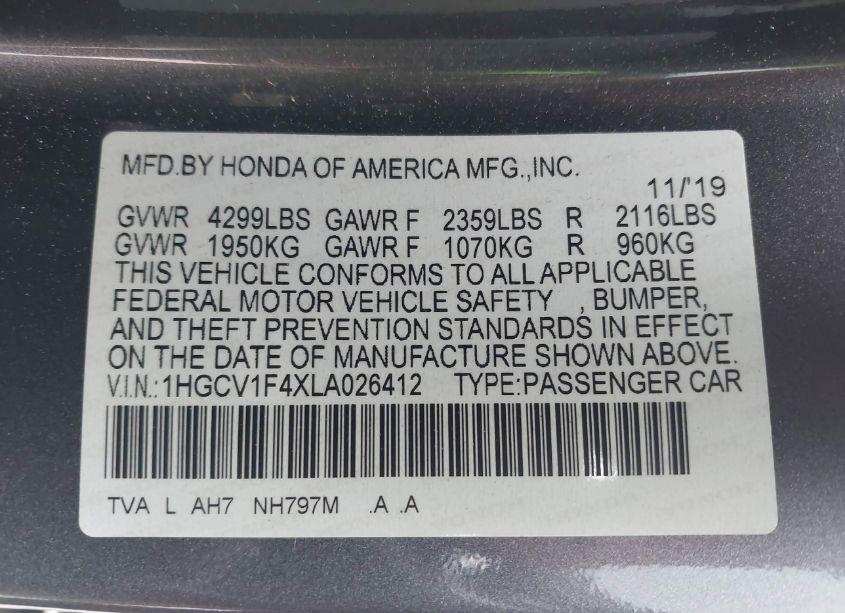 Photo 9 of 2020 Honda Accord EX (VIN 1HGCV1F4XLA026412)