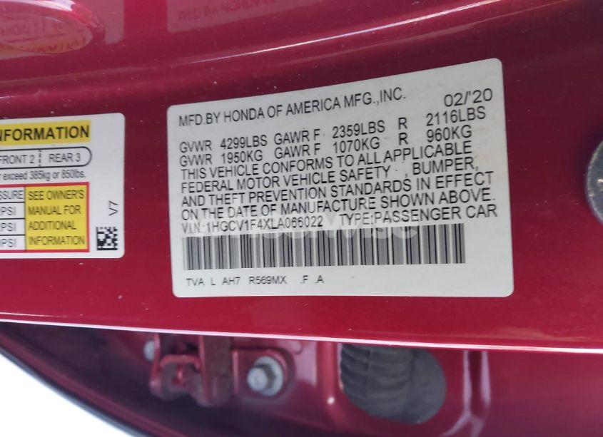 Photo 9 of 2020 Honda Accord EX (VIN 1HGCV1F4XLA066022)