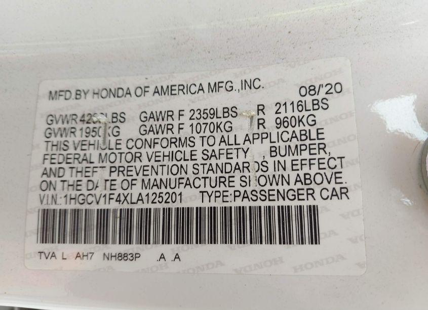 Photo 9 of 2020 Honda Accord EX (VIN 1HGCV1F4XLA125201)