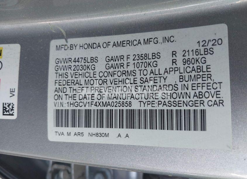 Photo 9 of 2021 Honda Accord SPORT SPECIAL EDITION (VIN 1HGCV1F4XMA025858)