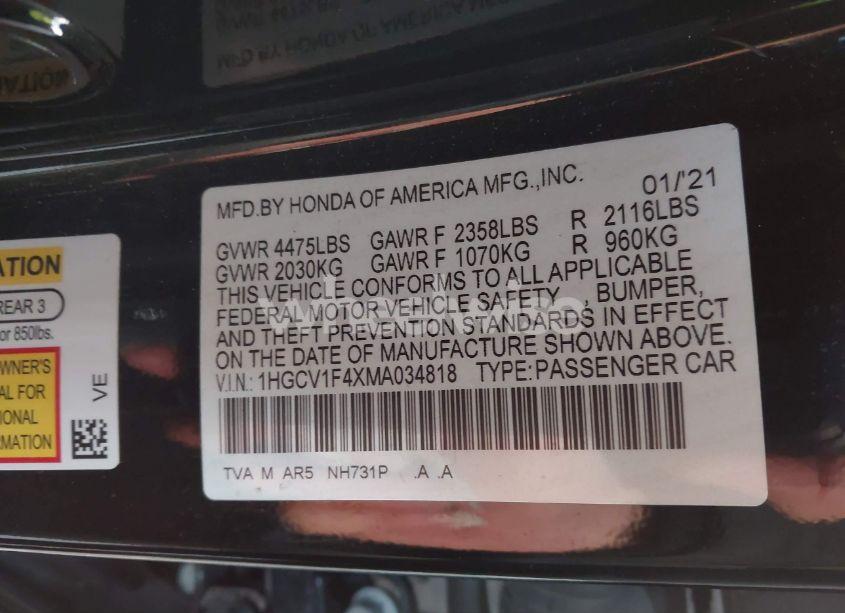 Photo 9 of 2021 Honda Accord SPORT SPECIAL EDITION (VIN 1HGCV1F4XMA034818)