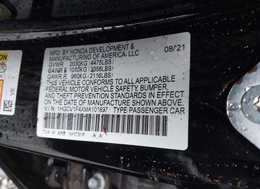 Photo 9 of 2021 Honda Accord SPORT SPECIAL EDITION (VIN 1HGCV1F4XMA101837)