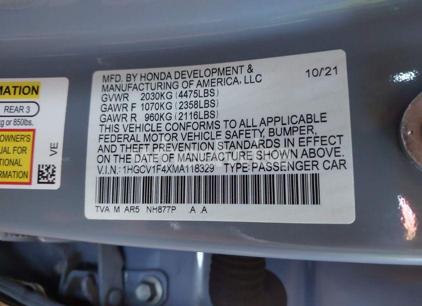 Photo 9 of 2021 Honda Accord SPORT SPECIAL EDITION (VIN 1HGCV1F4XMA118329)