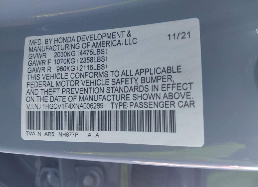 Photo 9 of 2022 Honda Accord SPORT SPECIAL EDITION (VIN 1HGCV1F4XNA006289)